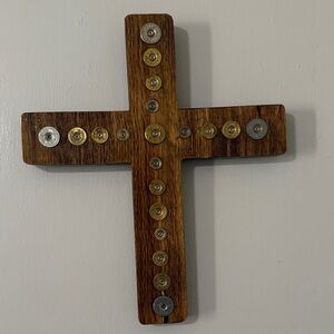 Handmade stained cross with shotgun shell inserts